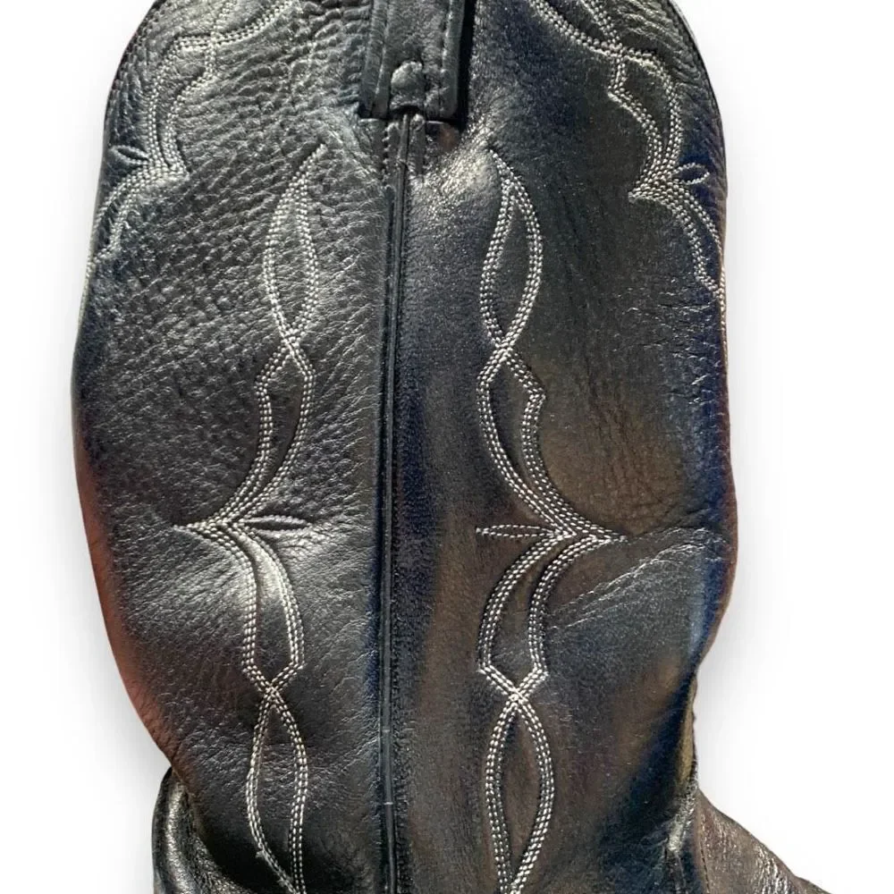 Vintage Dan Post Cowboy Boots Black Leather Unisex White Stitching Western‎ 9